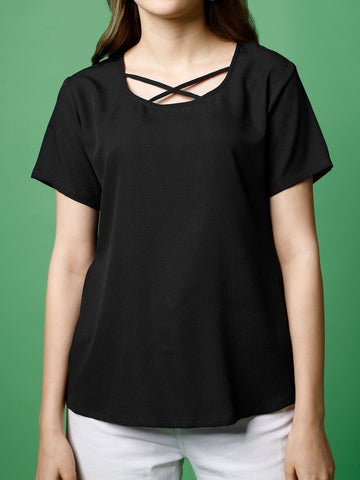 Black Polyester Casual Regular Top With Round Neck and Half Sleeve