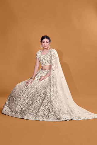 Off White Luxurious Luminosity Full Sequence Velvet Semi Stitched Lehenga Choli With Net Dupatta