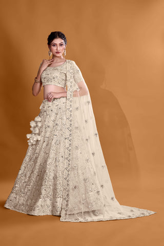 Off White Luxurious Luminosity Full Sequence Velvet Semi Stitched Lehenga Choli With Net Dupatta