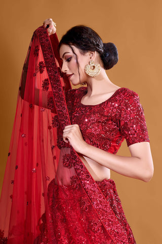 Red Radiant Glamour Full Sequence Velvet Semi Stitched  Lehenga Choli With Net Dupatta