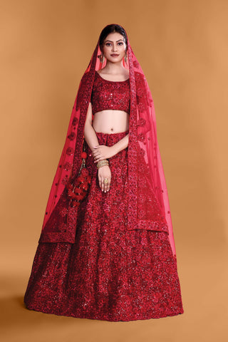 Red Radiant Glamour Full Sequence Velvet Semi Stitched  Lehenga Choli With Net Dupatta