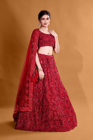 Red Radiant Glamour Full Sequence Velvet Semi Stitched  Lehenga Choli With Net Dupatta