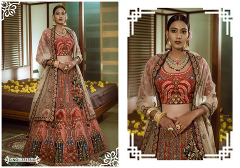 Red Velvet Semi Stitched Bridal Lehenga Choli With Net Dupatta.