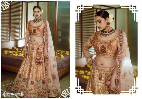 California Golden colour Fully Hand Embroidery Premium Lehenga Choli With Net Dupatta.