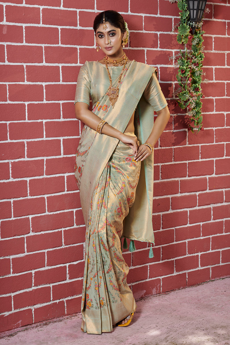 The Silk Carnival Pista Banarasi Silk Saree