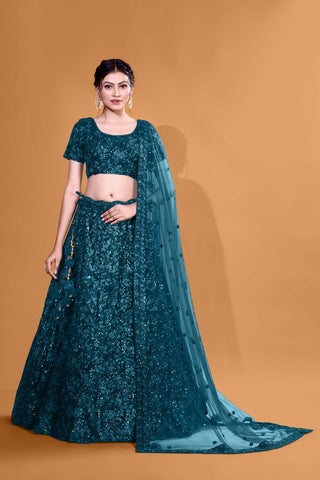 Teal Blue Mesmerizing Sequins Full Sequence Velvet Semi Stitched  Lehenga Choli With Net Dupatta