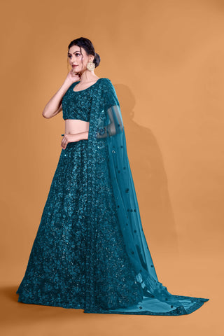 Teal Blue Mesmerizing Sequins Full Sequence Velvet Semi Stitched  Lehenga Choli With Net Dupatta