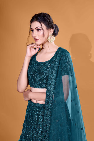 Teal Blue Mesmerizing Sequins Full Sequence Velvet Semi Stitched  Lehenga Choli With Net Dupatta