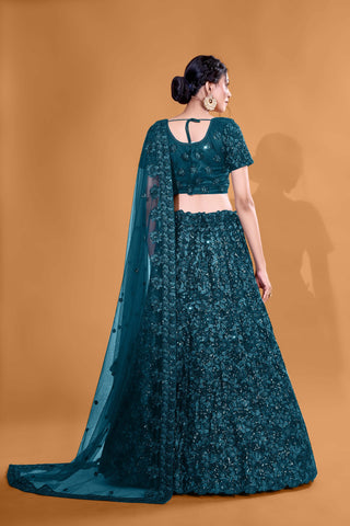 Teal Blue Mesmerizing Sequins Full Sequence Velvet Semi Stitched  Lehenga Choli With Net Dupatta