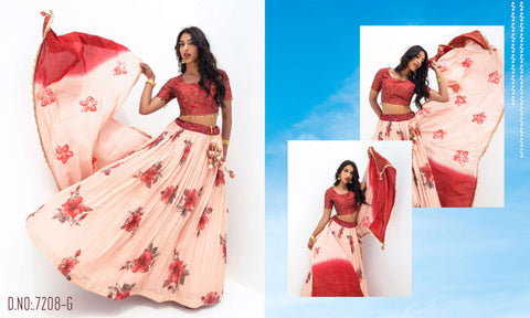 Red Peach Pure Viscose Stitched Lehenga Choli with Embroidered Blouse & Dupatta.