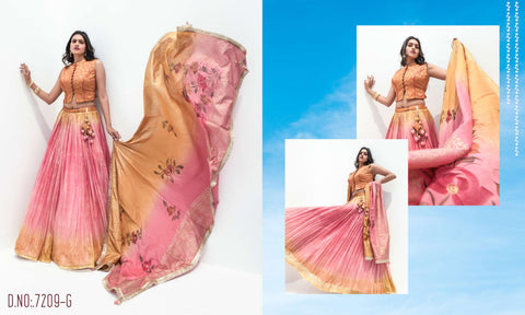 Multi shaded Pure Viscose Stitched Lehenga Choli with Embroidered Blouse & Dupatta.