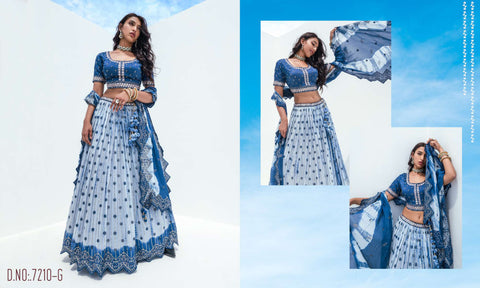 Steel Blue Pure Viscose Stitched Lehenga Choli with Embroidered Blouse & Dupatta.