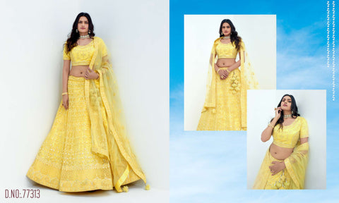 Lemon Yellow Pure Viscose Stitched Lehenga Choli with Embroidered Blouse & Dupatta