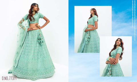 Aquamarine Green Pure Viscose Stitched Lehenga Choli with Embroidered Blouse & Dupatta.