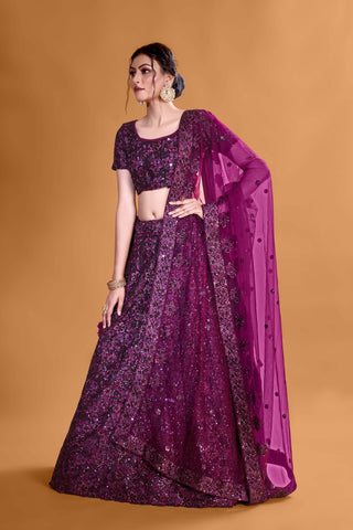 Wine Chic Sequin Enchantment Full Sequence Velvet Semi Stitched  Lehenga Choli With Net Dupatta