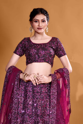 Wine Chic Sequin Enchantment Full Sequence Velvet Semi Stitched  Lehenga Choli With Net Dupatta