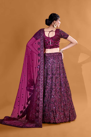 Wine Chic Sequin Enchantment Full Sequence Velvet Semi Stitched  Lehenga Choli With Net Dupatta