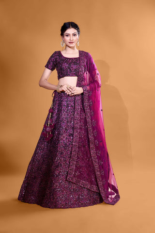 Wine Chic Sequin Enchantment Full Sequence Velvet Semi Stitched  Lehenga Choli With Net Dupatta