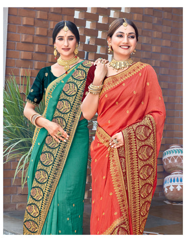 Sea Green Gold Embroidery Shiroshki Work Silk Saree For Pooja Occasion