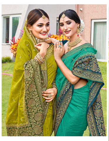 Lemon Green Elegant Silk Siroshki Work Saree For Women