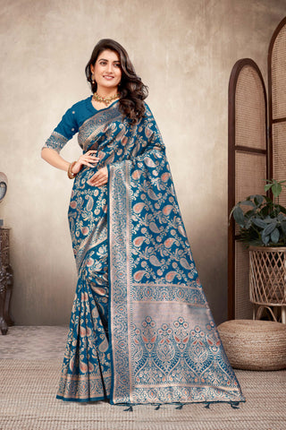 Highlights the lively and intricate weaves of multicolor rapier silk sarees -25470